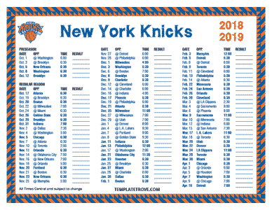 2018-19 Printable New York Knicks Schedule - Central Times