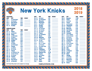 New York Knicks 2018-19 Printable Schedule - Mountain Times
