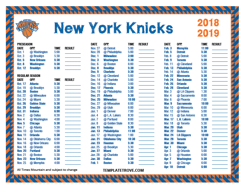 Printable 2018 2019 New York Knicks Schedule