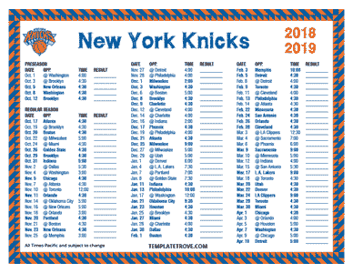 New York Knicks 2018-19 Printable Schedule - Pacific Times