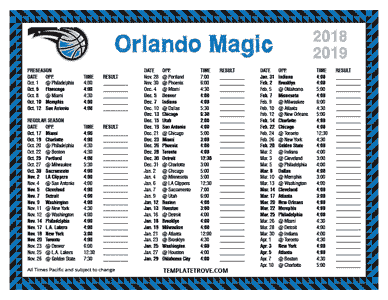 Orlando Magic 2018-19 Printable Schedule - Pacific Times