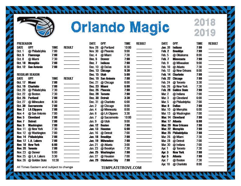 2018 2019 Printable Orlando Magic Schedule 