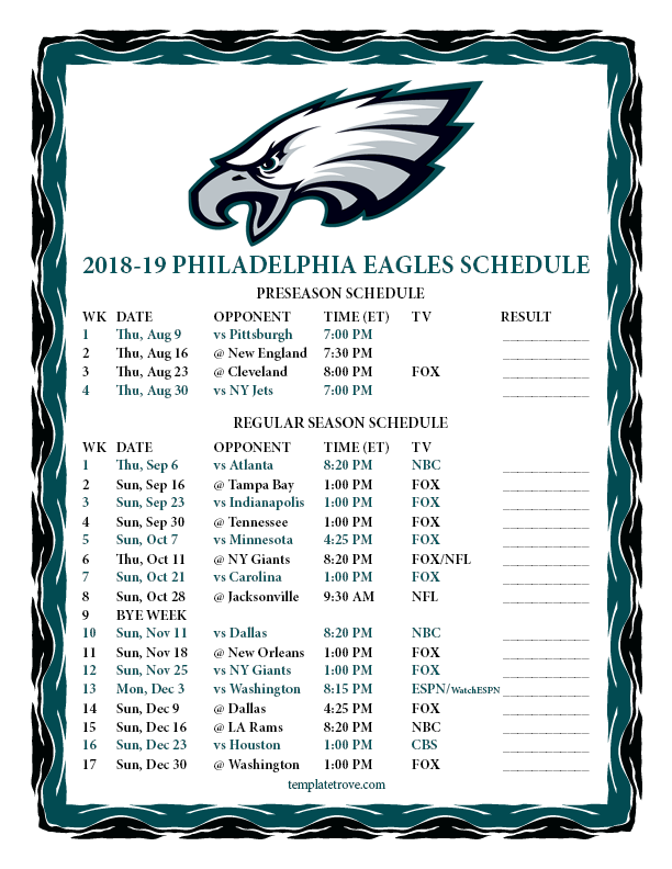 Printable 2018 2019 Philadelphia Eagles Schedule