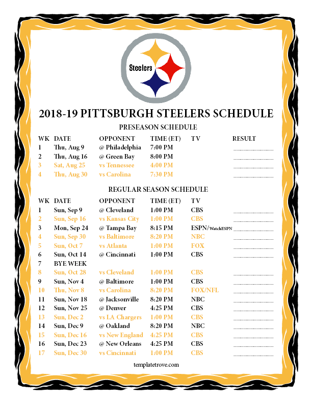 Printable 2018-2019 Pittsburgh Steelers Schedule