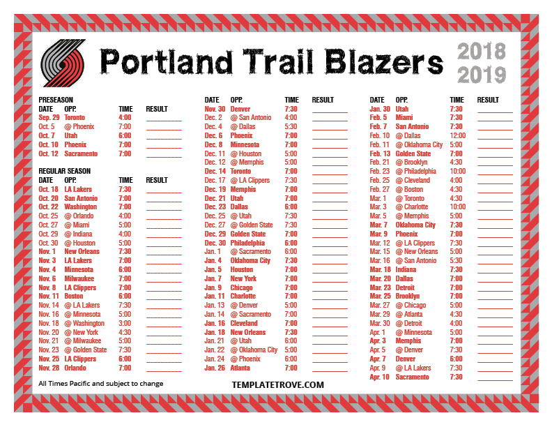 Printable 2018-2019 Portland Trail Blazers Schedule
