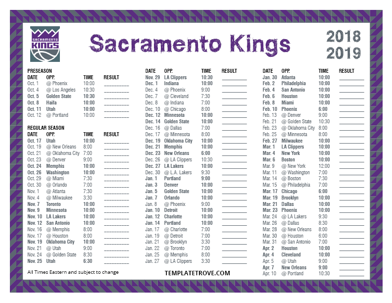 Printable 20182019 Sacramento Kings Schedule