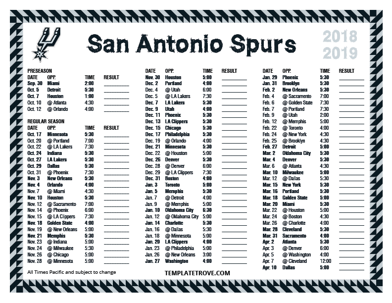 Printable 2018-2019 San Antonio Spurs Schedule