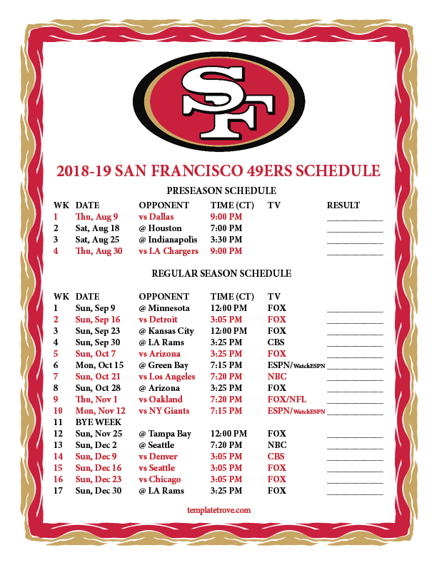 Printable 2018 2019 San Francisco 49ers Schedule