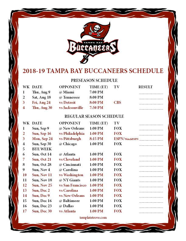 Printable 20182019 Tampa Bay Buccaneers Schedule