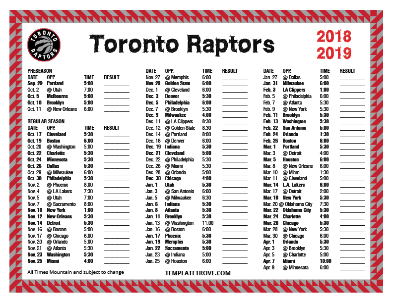 Printable 20182019 Toronto Raptors Schedule