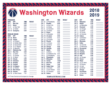 2018-19 Printable Washington Wizards Schedule - Central Times