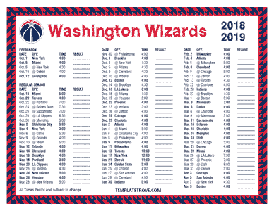 Washington Wizards 2018-19 Printable Schedule - Pacific Times