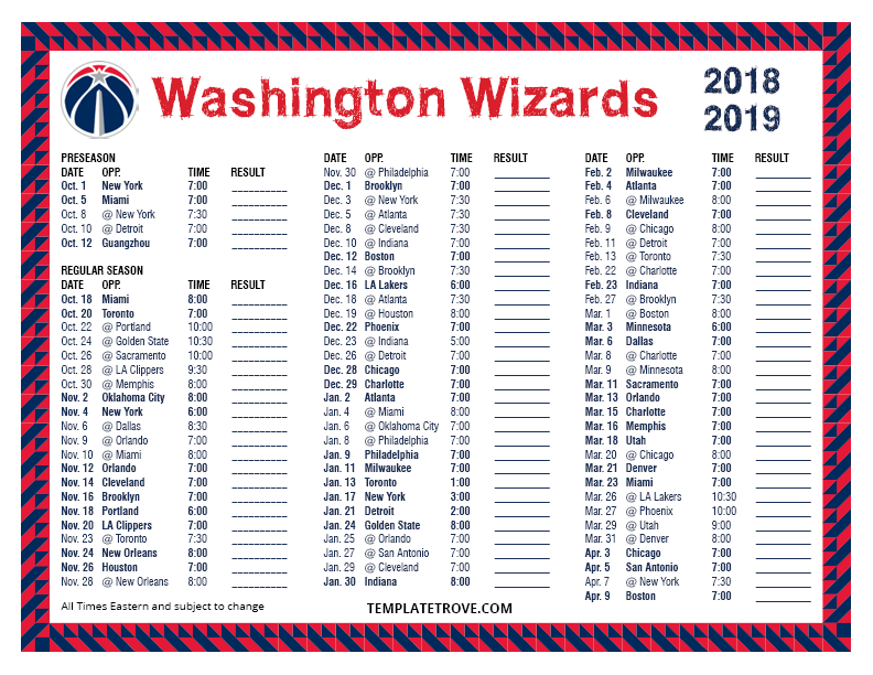 Printable 20182019 Washington Wizards Schedule