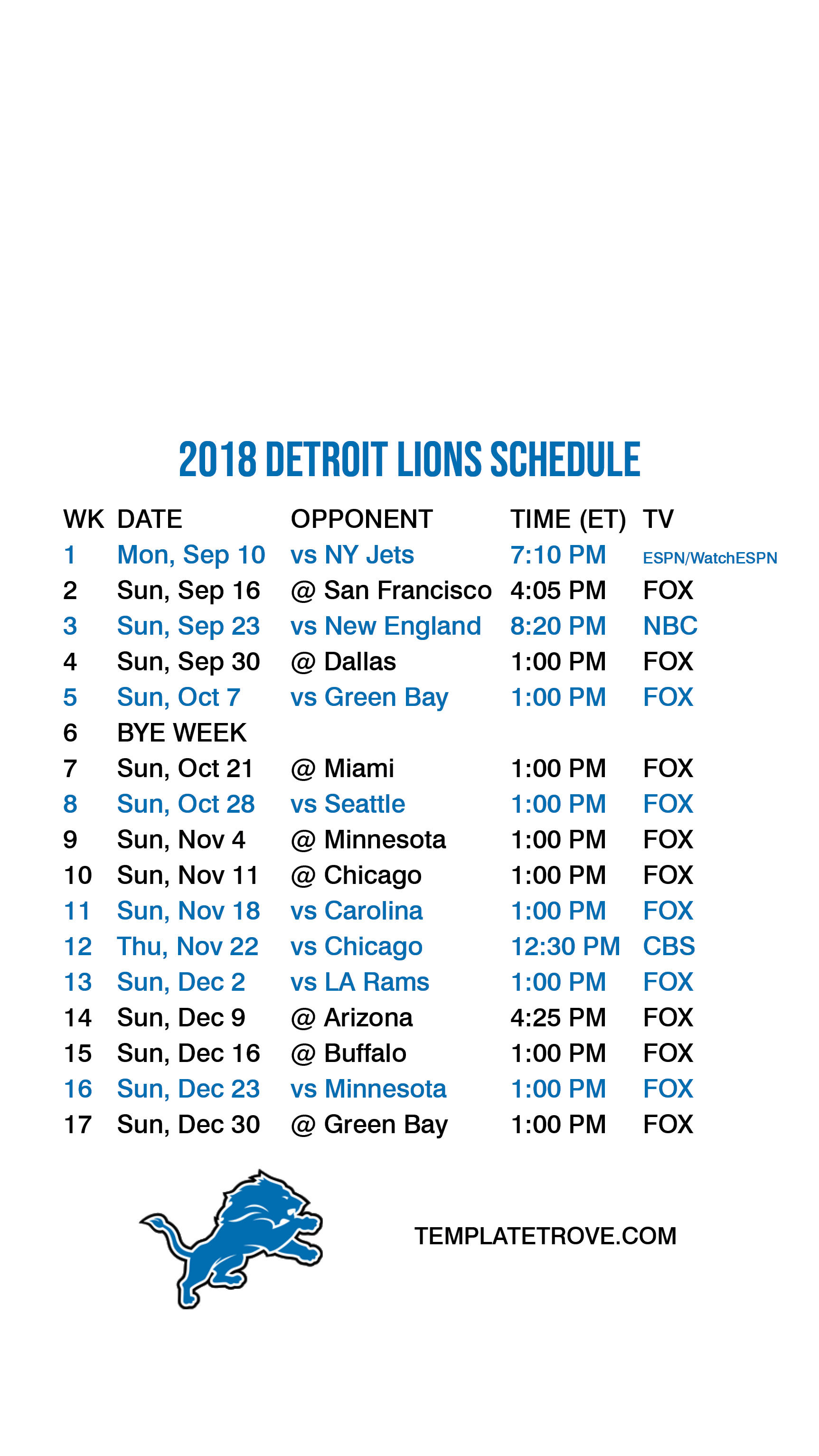 20182019 Detroit Lions Lock Screen Schedule for iPhone 678 Plus