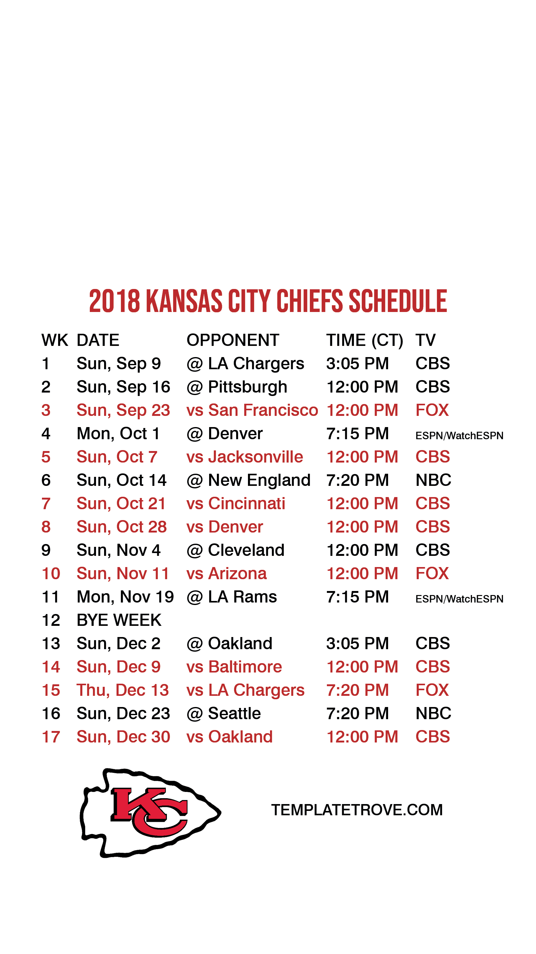 2018 2019 Kansas City Chiefs Lock Screen Schedule for iPhone 6 7 8 Plus