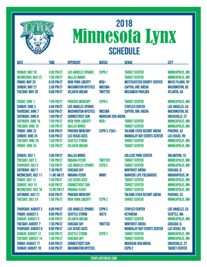 Printable2018 Minnesota Lynx Basketball Schedule
