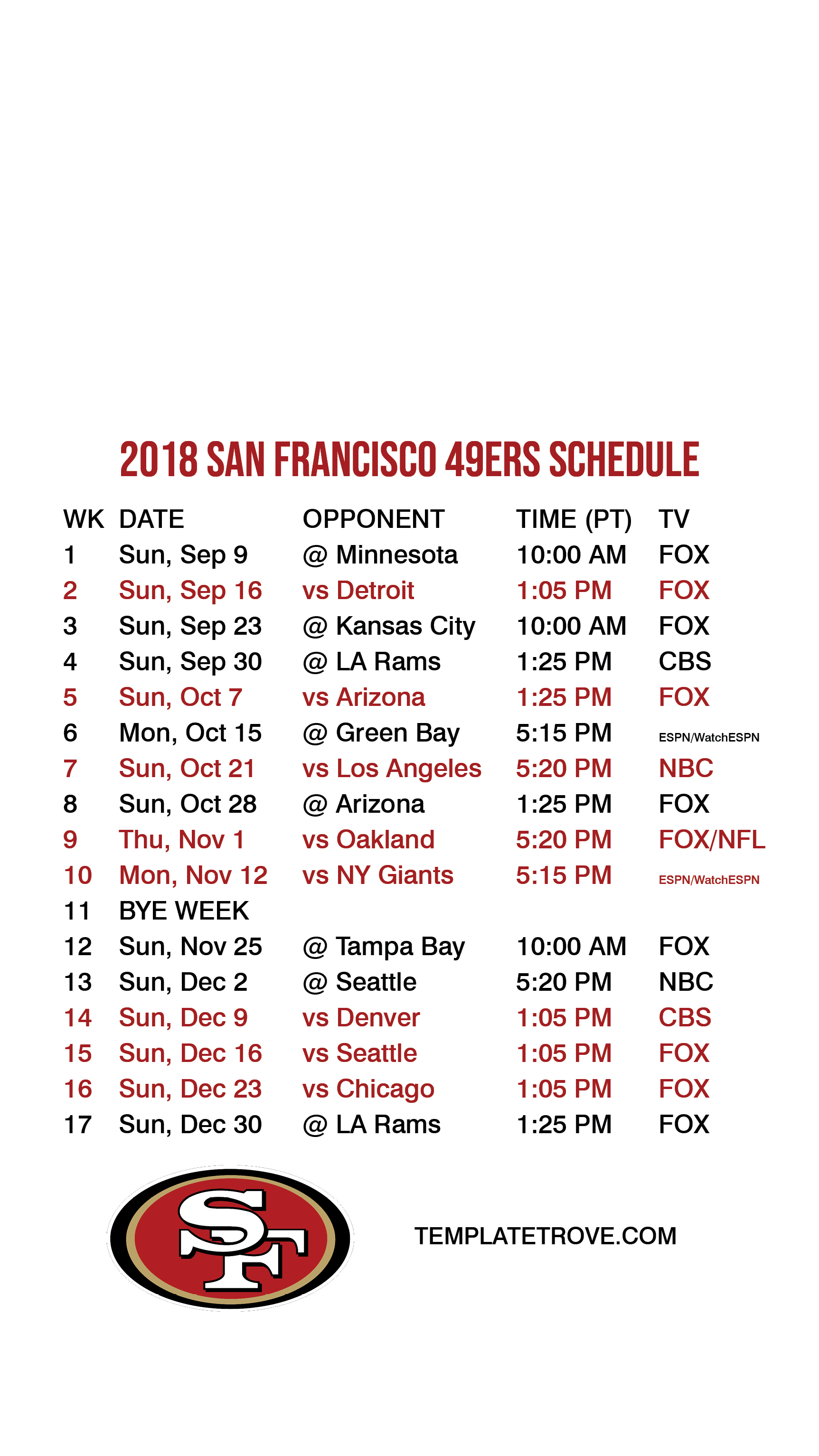 Printable 2019 2020 San Francisco 49ers Schedule Aria Art