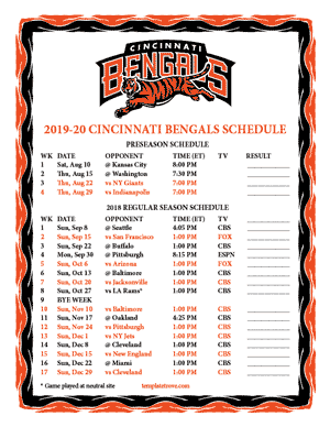 Cincinnati Bengals 2019-20 Printable Schedule