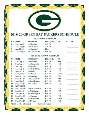 Green Bay Packers 2019-20 Printable Schedule