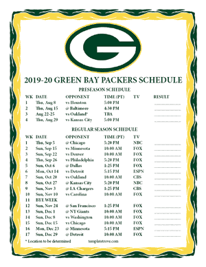 Green Bay Packers 2019-20 Printable Schedule - Pacific Times