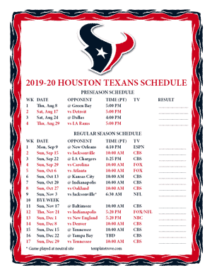 Houston Texans 2019-20 Printable Schedule - Pacific Times