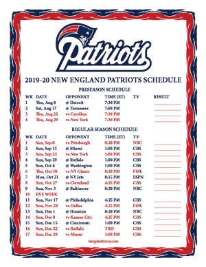 New England Patriots 2019-20 Printable Schedule