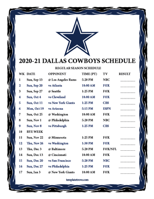 Dallas Cowboys 2020-21 Printable Schedule - Pacific Times