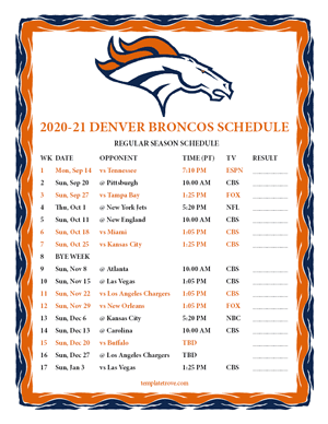 Denver Broncos 2020-21 Printable Schedule - Pacific Times