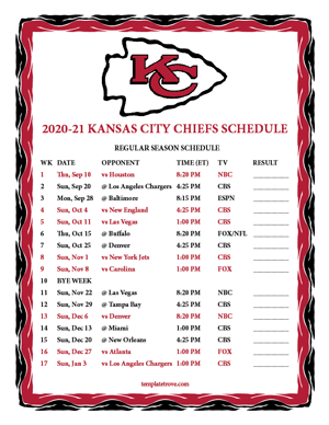 Kansas City Chiefs 2020-21 Printable Schedule