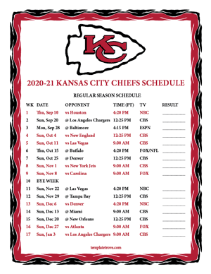 Kansas City Chiefs 2020-21 Printable Schedule - Pacific Times