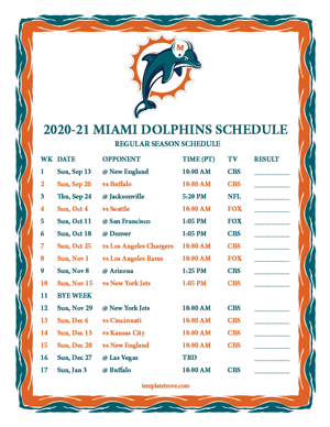 Miami Dolphins 2020-21 Printable Schedule - Pacific Times