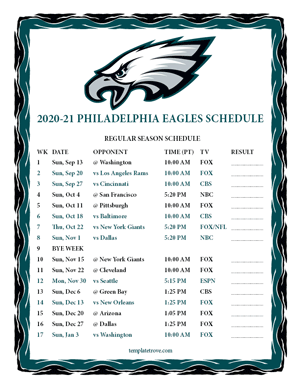 Philadelphia Eagles 2020-21 Printable Schedule - Pacific Times
