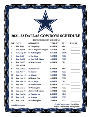 Dallas Cowboys 2021-22 Printable Schedule