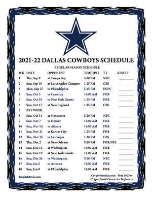 Dallas Cowboys 2021-22 Printable Schedule - Pacific Times