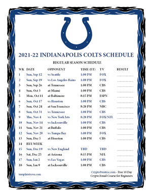 Indianapolis Colts 2021-22 Printable Schedule