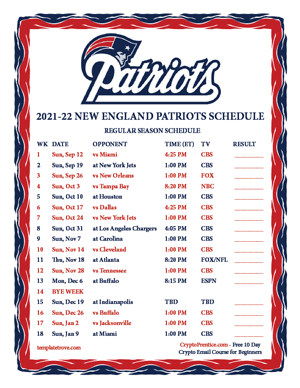 New England Patriots 2021-22 Printable Schedule