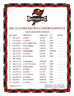 Tampa Bay Buccaneers 2021-22 Printable Schedule - Mountain Times