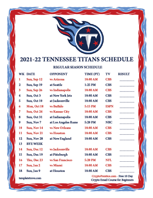 Tennessee Titans 2021-22 Printable Schedule - Pacific Times