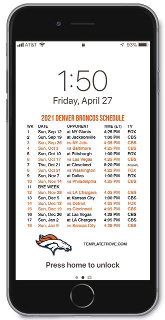 2021 Denver Broncos Lock Screen Schedule