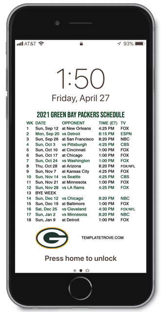 2021 Green Bay Packers Lock Screen Schedule