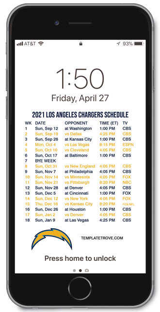 2021 Los Angeles Chargers Lock Screen Schedule