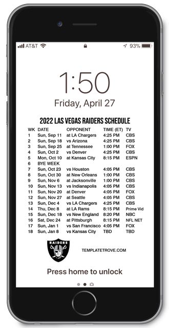 2022 Las Vegas Raiders Lock Screen Schedule