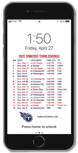 2022 Tennessee Titans Lock Screen Schedule