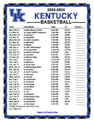 2023-24 Printable Kentucky Wildcats Basketball Schedule