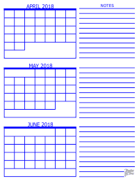2018 3 Month Calendar - April, May and June