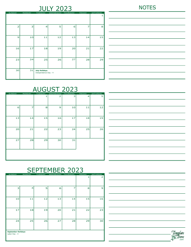 july august september 2023 three month calendar july to september