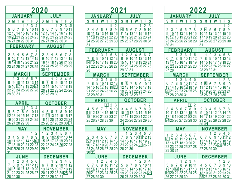 3 Year Calendar 2020 To 2022 Calendar With Holidays P