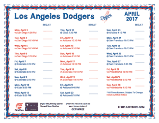 April 2017 Los Angeles Dodgers Printable Schedule