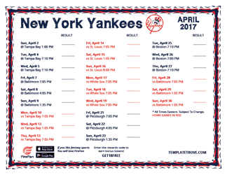 April 2017 New York Yankees Printable Schedule