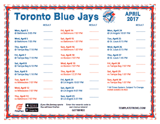 April 2017 Toronto Blue Jays Printable Schedule